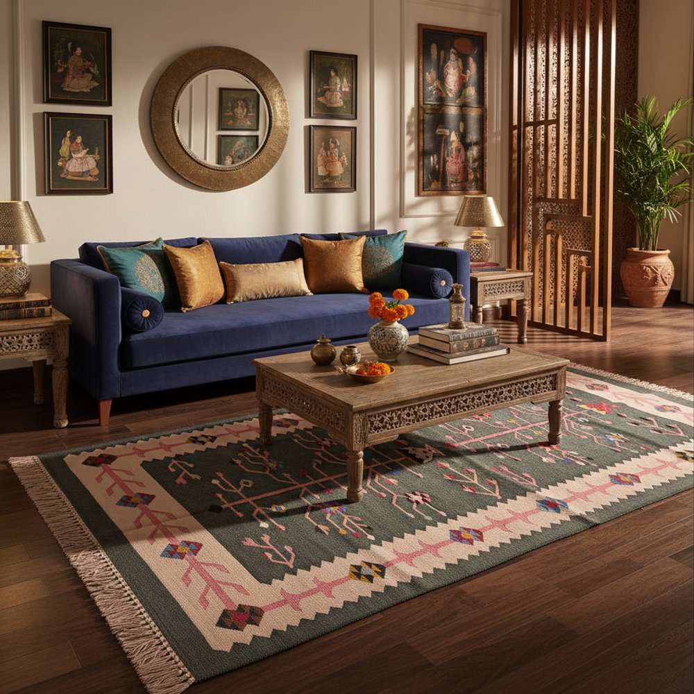 1 Flatwoven Cotton Panja Dhurrie Rug, Traditional Indian Handmade - Image 1