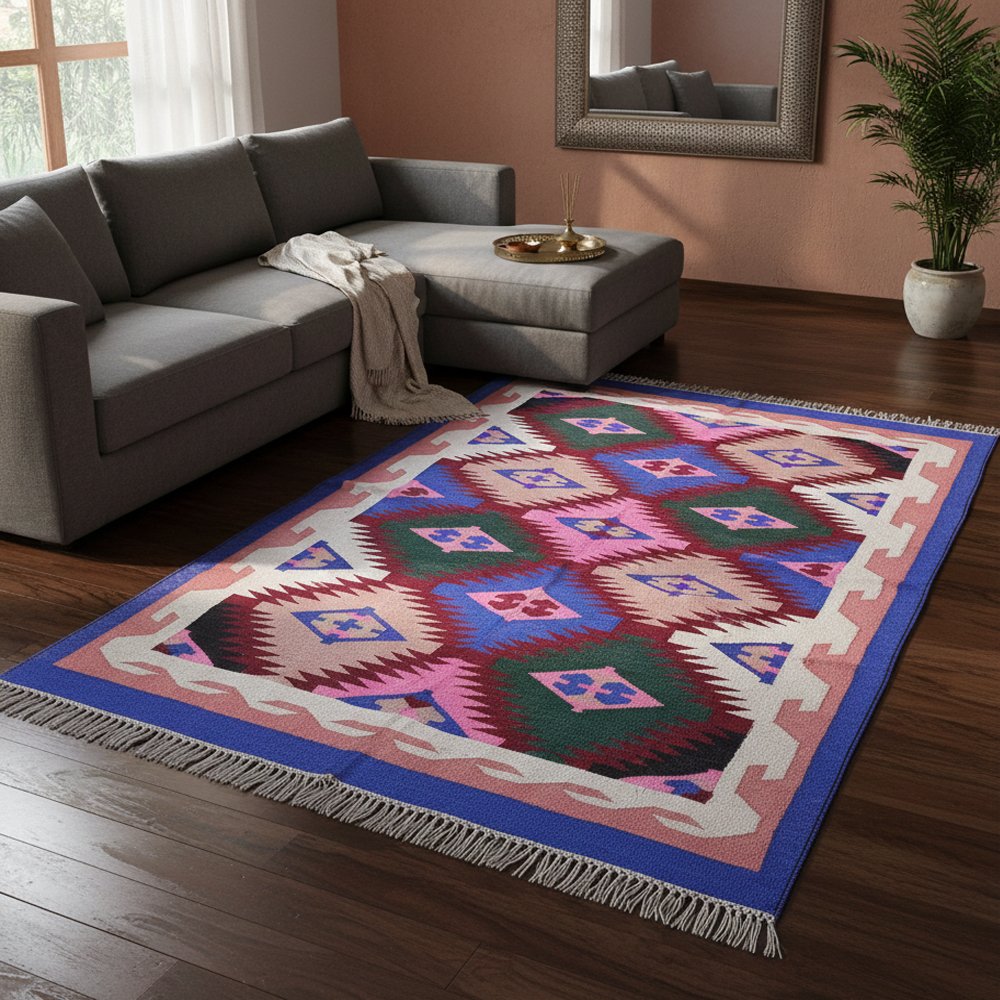 12 Handwoven Cotton Panja Dhurrie Rug for Dining Room & Kitchen, Flatweave - Image 1