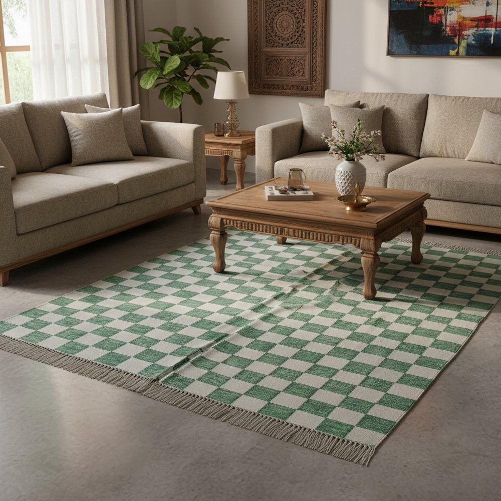 13 Cotton Panja Dhurrie Rug for Coffee Table Area, Indoor Outdoor Flatweave - Image 1