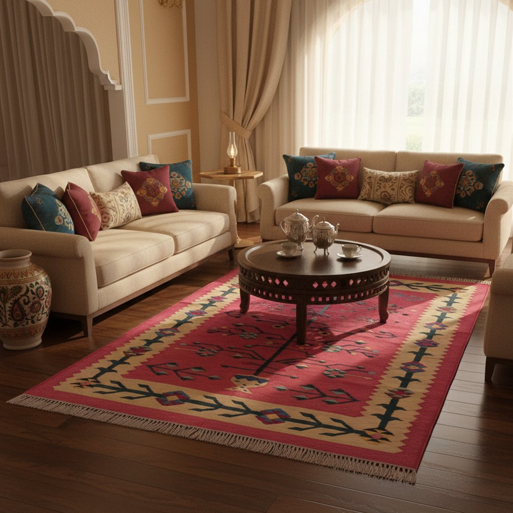 22 Handmade Cotton Panja Dhurrie Rug for Coffee Table Area Decor - Image 1