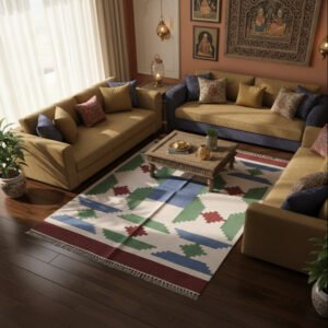 Minimalist Cotton Dhurrie Rug, Handmade Panja Flatweave