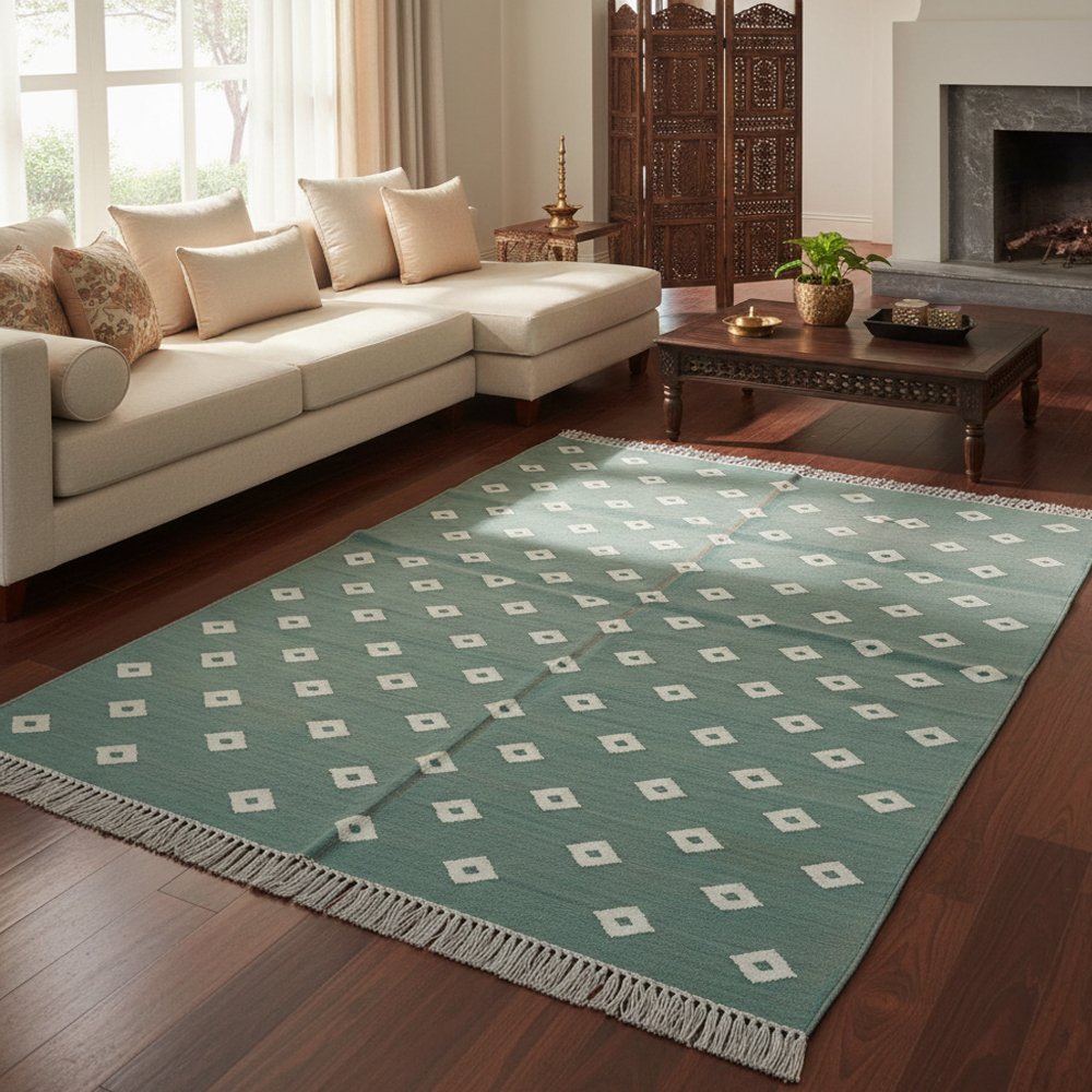 3 Farmhouse Cotton Panja Dhurrie Rug, Handmade Flatweave - Image 1