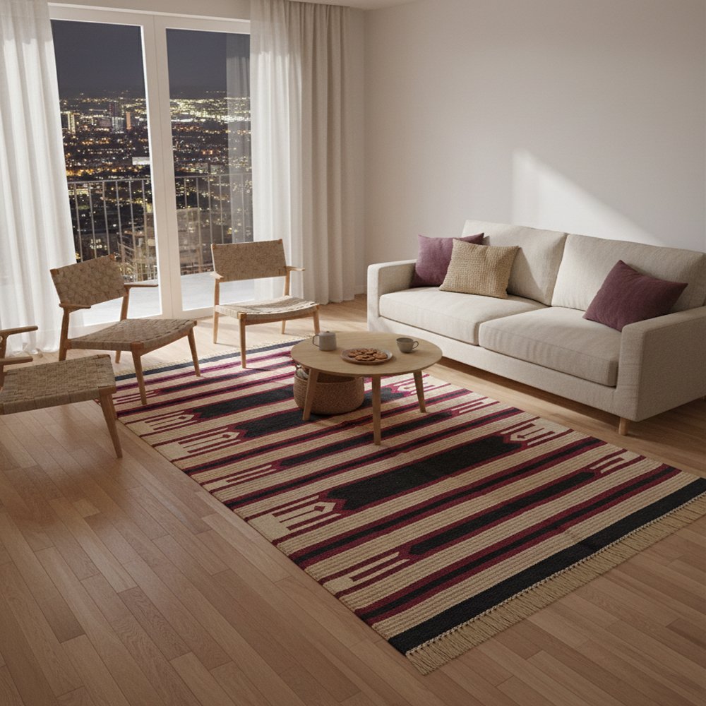 8 Handwoven Cotton Panja Dhurrie Rug, Reversible Flatweave Rug for Indoor Outdoor Use - Image 1