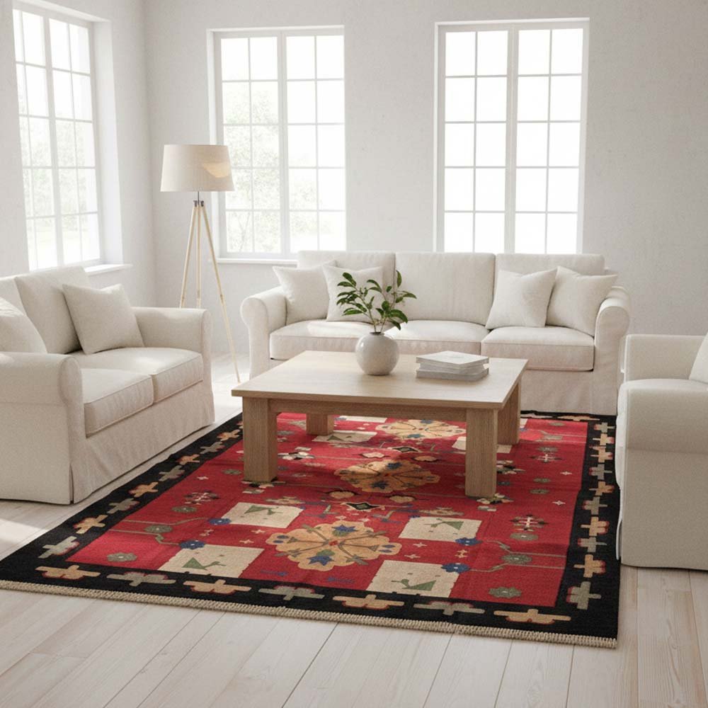 8 Flatweave Cotton Area Rug, Handmade Dhurrie for Bedroom Living Room - Image 1