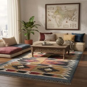 Cultural Charm: Multicolor Wool & Jute Kilim Rug