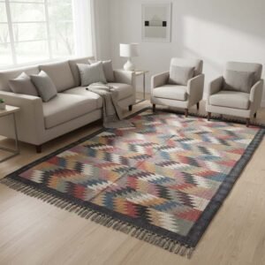 Handwoven Camel Wool And Jute Dhurrie Rug , Vintage Design - Rustic Dhurrie