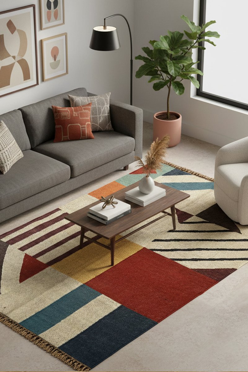 Abstract handmade rug with modern artistic pattern, handwoven by artisans, perfect for living room and bedroom decor