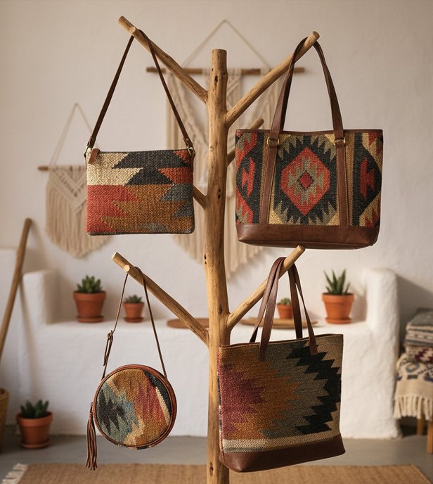 Handmade kilim bag crafted from traditional handwoven wool textile with vibrant ethnic patterns