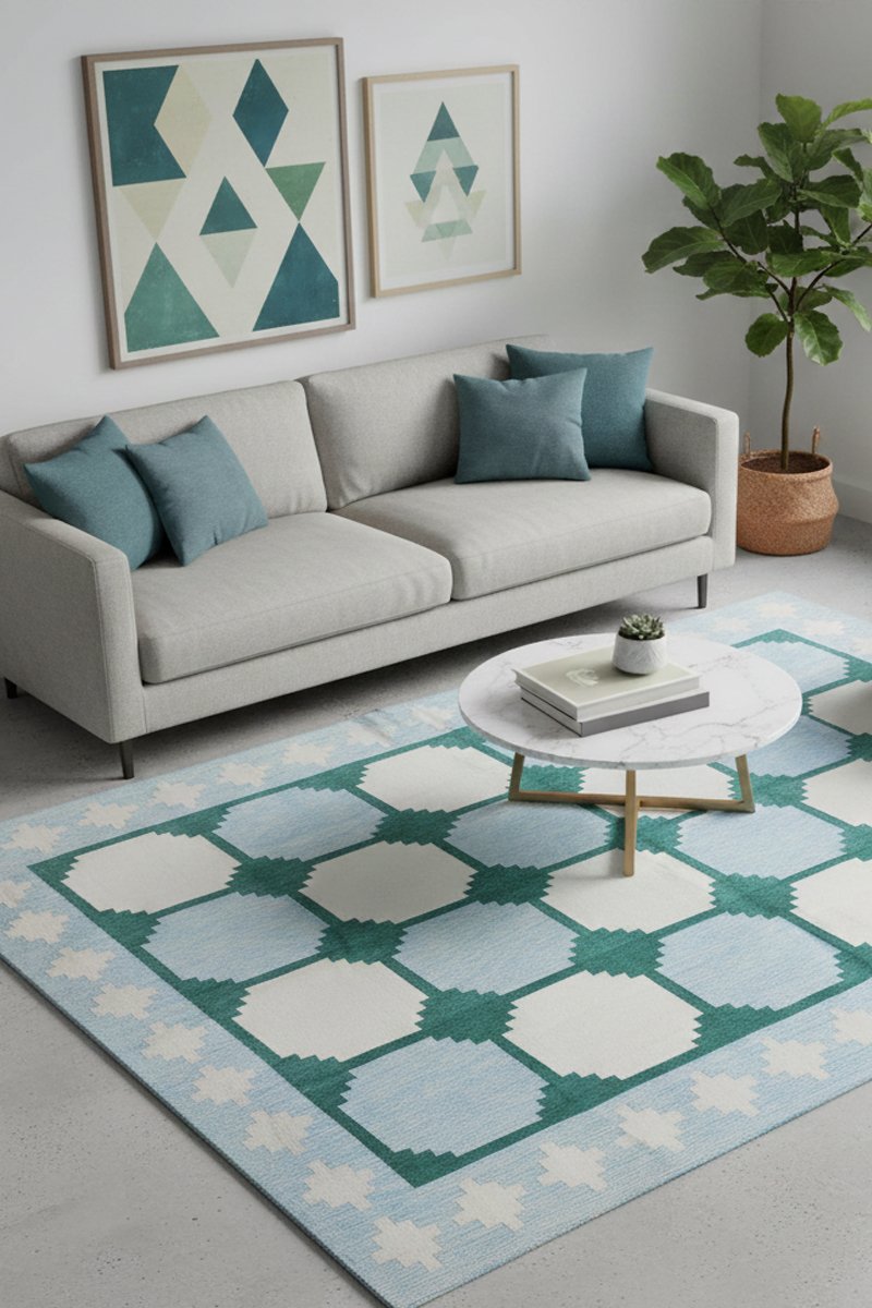 Handmade geometric rug with modern pattern, handwoven by artisans using natural fibers