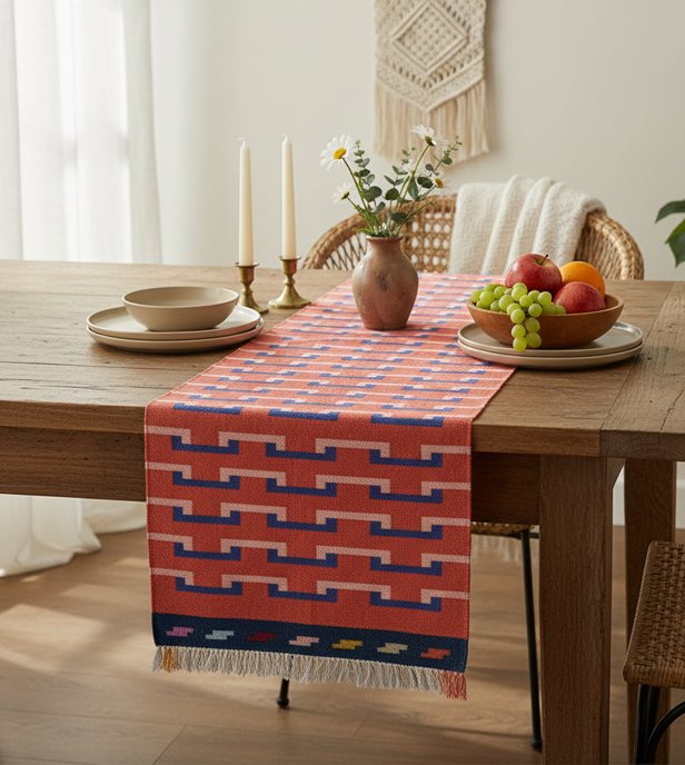 Handmade table runner placed on a wooden dining table, showcasing detailed weaving and natural texture.