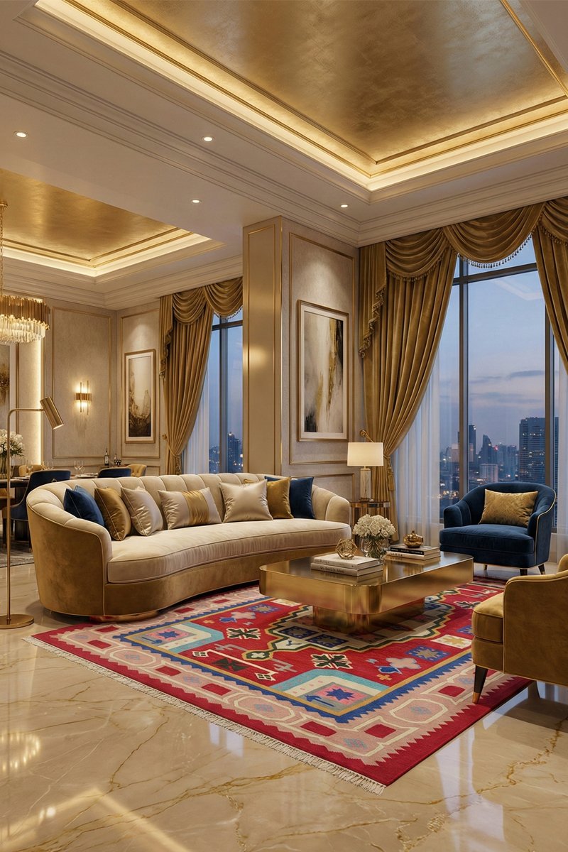 raditional handwoven rug with classic ethnic patterns, crafted by skilled artisans using natural fibers.