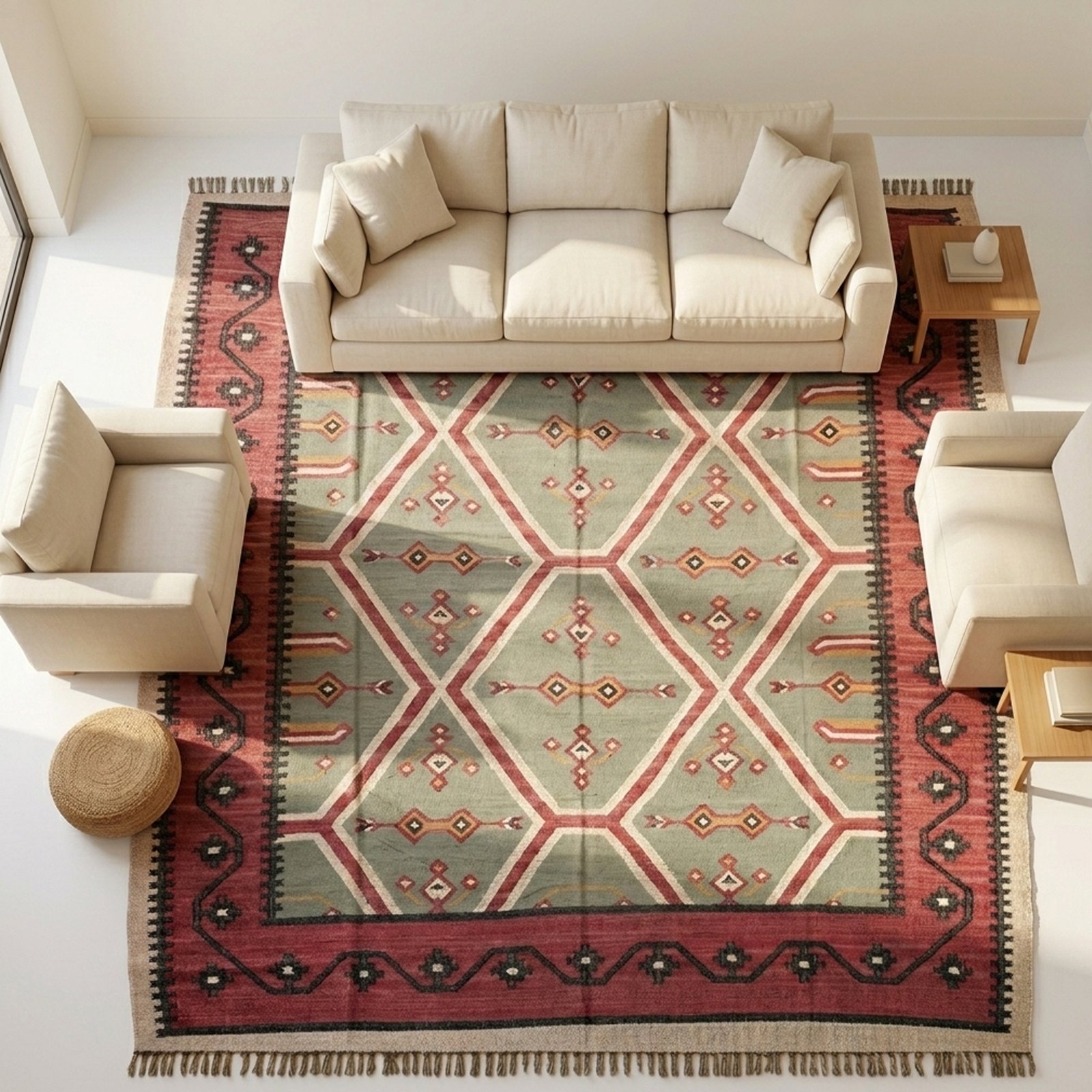 1.1 Wool Jute Kilim Rug Handmade, Cozy Living Room Area Rug - Image 1