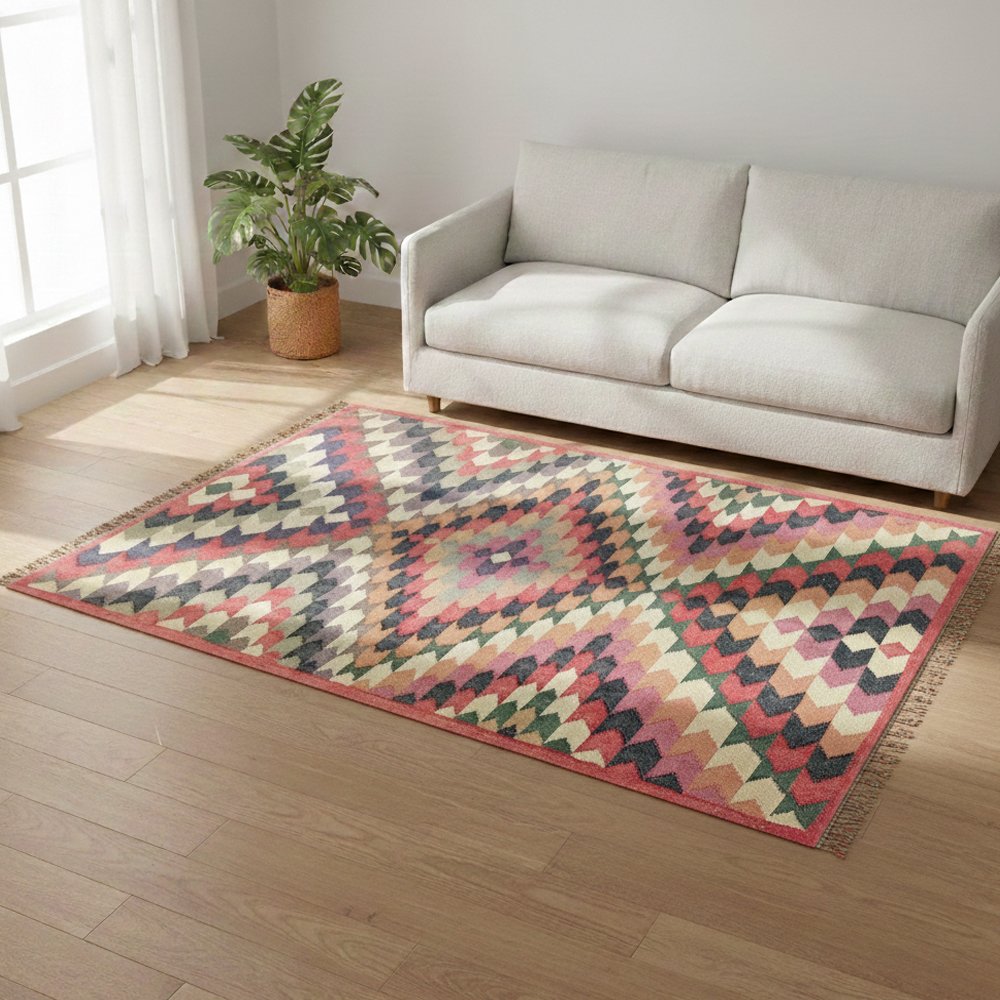 1 Handmade Kilim Wool Jute Rug, Boho Rustic Flatweave - Image 1