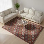 Kilim Wool Jute Rug for Living Room, Handmade Flatweave Area Rug