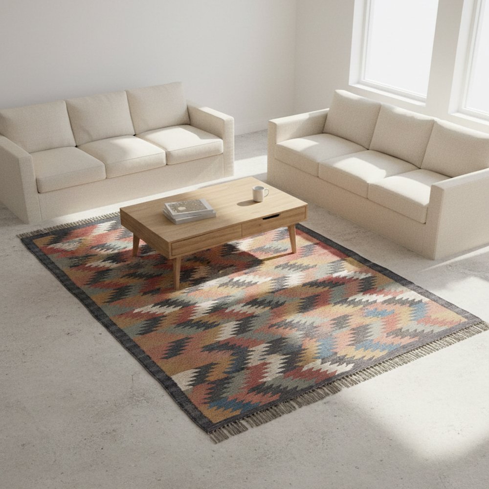 12 Wool Jute Kilim Rug Handmade, Flatweave Rug for Bedroom Living Room - Image 1