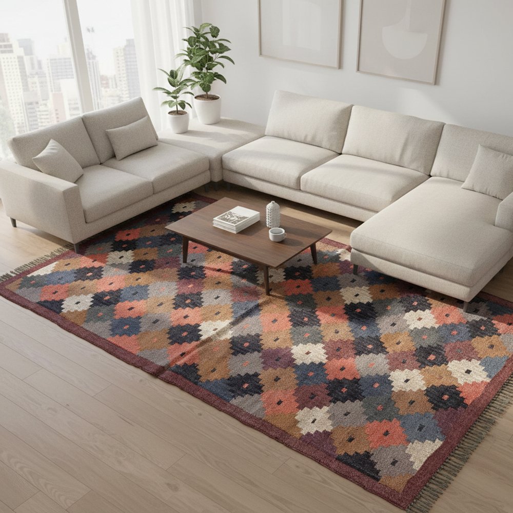 16 Handmade Wool Jute Kilim Rug for Living Room Decor - Image 1