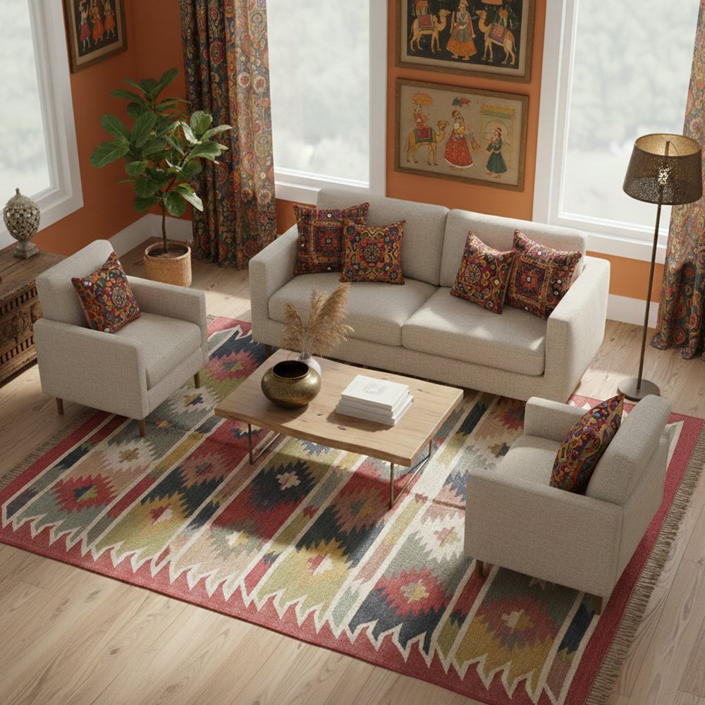 5 Handmade Kilim Wool Jute Rug, Minimal Flatweave Area Rug - Image 1