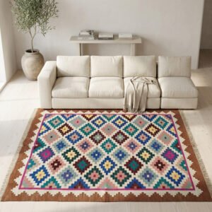 Cotton Rug Handmade, Reversible Flatweave Area Rug for Living Room