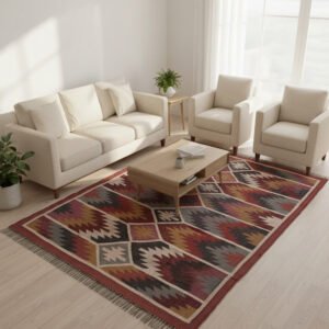 Kilim Style Wool Jute Rug Handmade, Flatweave Area durry