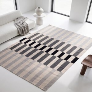 Grey & Black Handmade Wool & Cotton Rug for Bedroom | Custom Flatweave Dhurrie