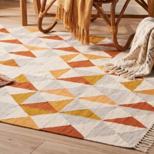 Handwoven Wool Cotton Dhurrie Rug 4x6 Feet – Modern Geometric Indian Carpet