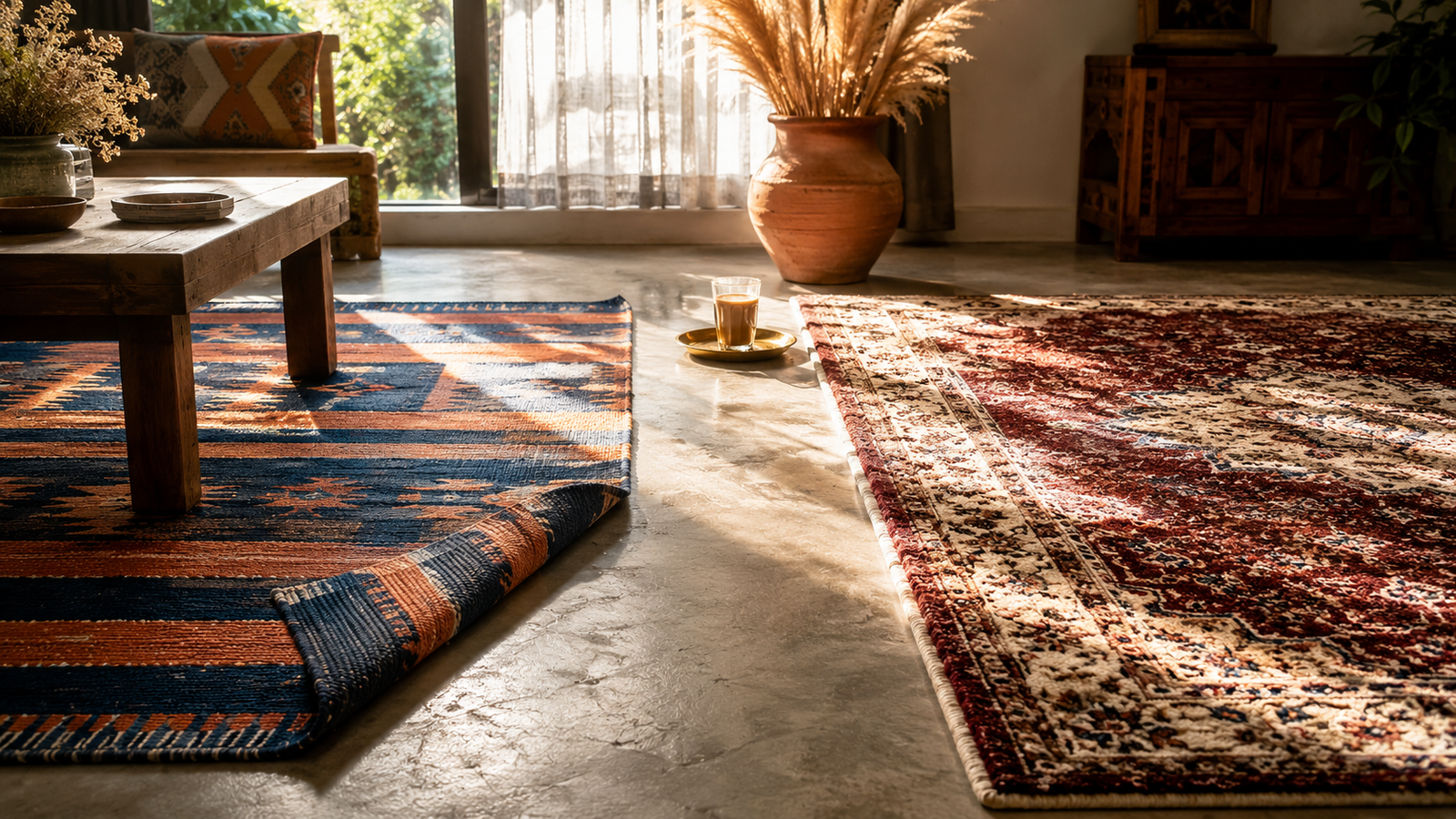 Handmade flatweave dhurrie rug in earthy geometric pattern on a living room floor in an Indian home with natural light