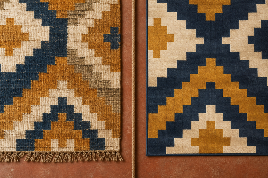 Side by side comparison of handmade flatweave dhurrie rug and machine made synthetic rug