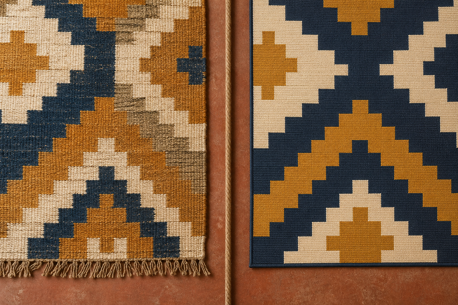 Side by side comparison of handmade flatweave dhurrie rug and machine made synthetic rug