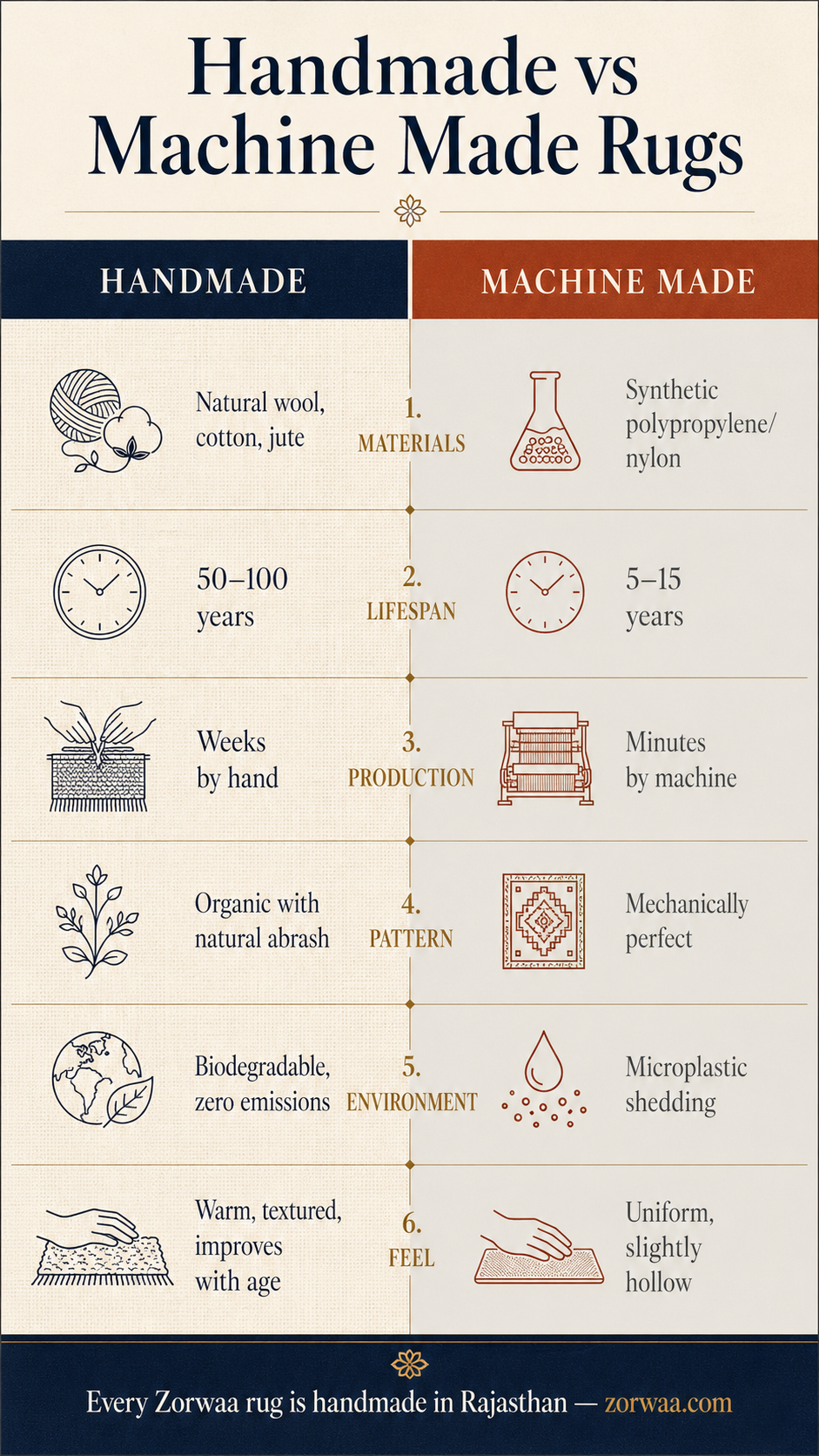 Infographic comparing handmade rugs and machine made rugs across six factors — materials, lifespan, production method, pattern quality, environmental impact, and feel underfoot