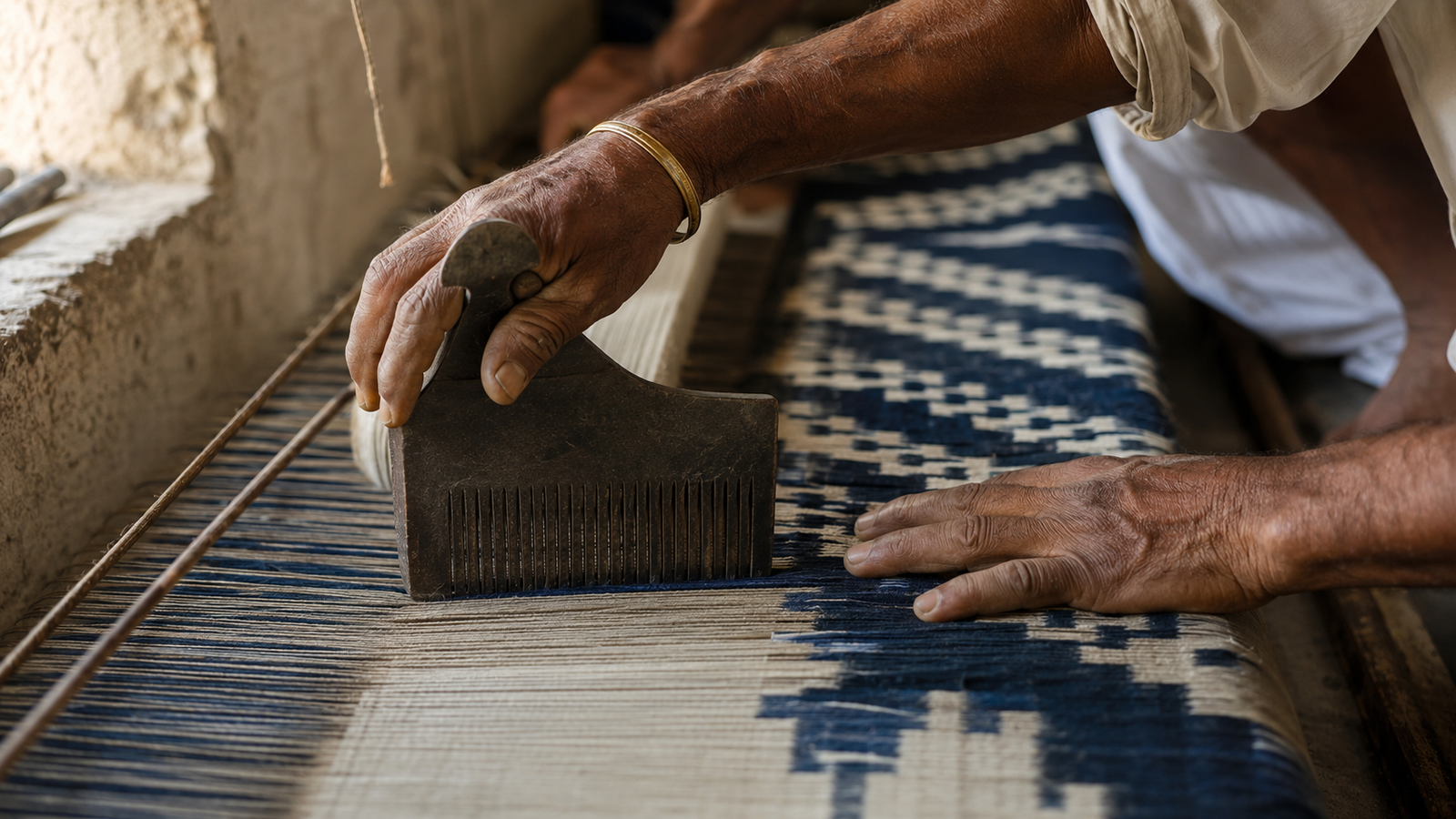 Close up of a panja metal comb tool being used to weave cotton threads on a traditional loom in Salawas village