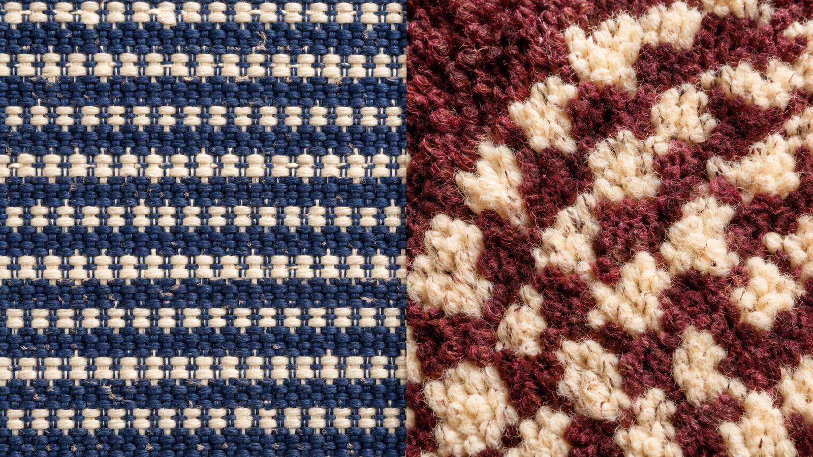 Side by side close up comparison of a thick pile rug and a flat woven dhurrie rug showing the structural texture difference