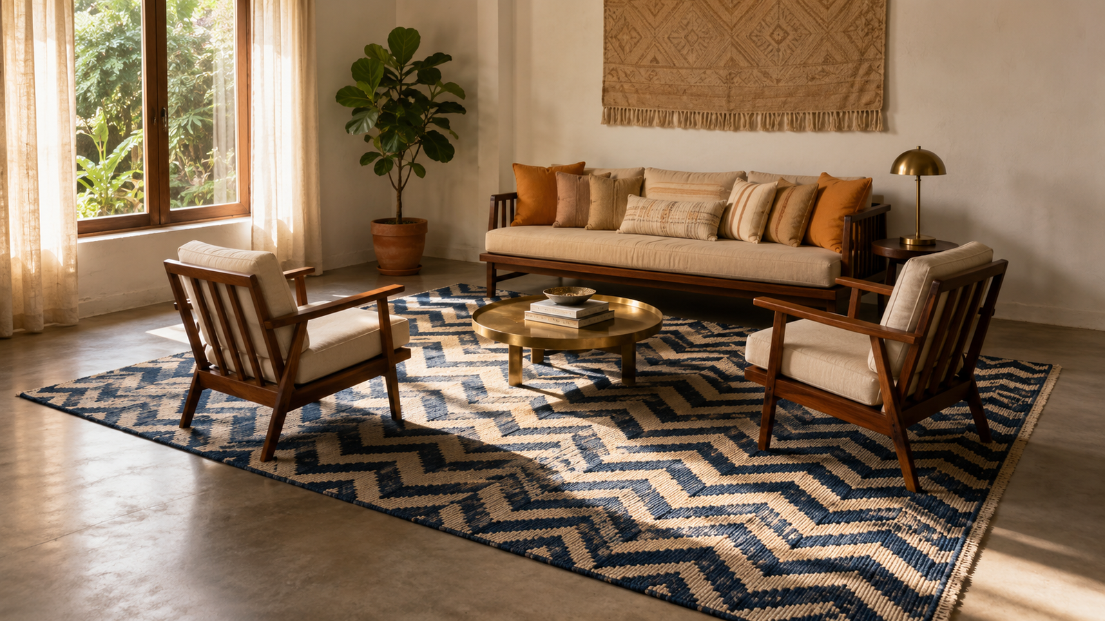 Correctly sized handmade Indian flatweave rug anchoring a living room seating arrangement with front sofa legs resting on the rug