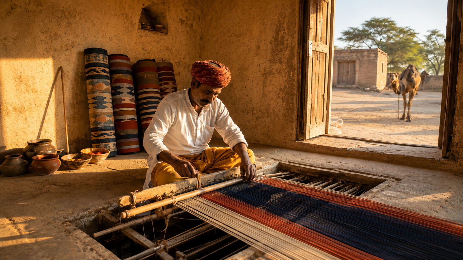 Artisan weaver working on a traditional pit loom in Salawas village near Jodhpur Rajasthan India