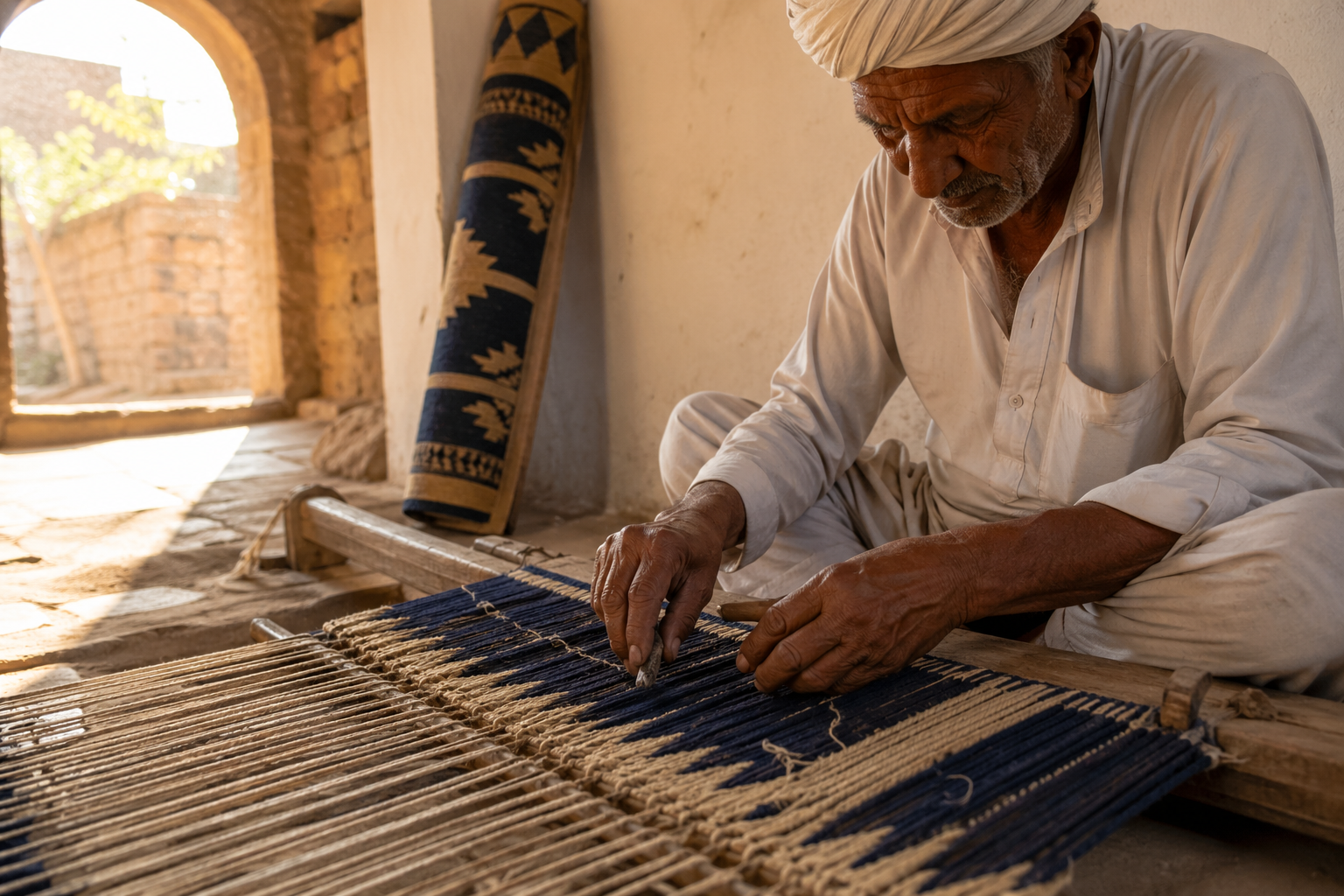 Artisan weaver hand knotting a wool rug on a traditional loom in Salawas Jodhpur Rajasthan