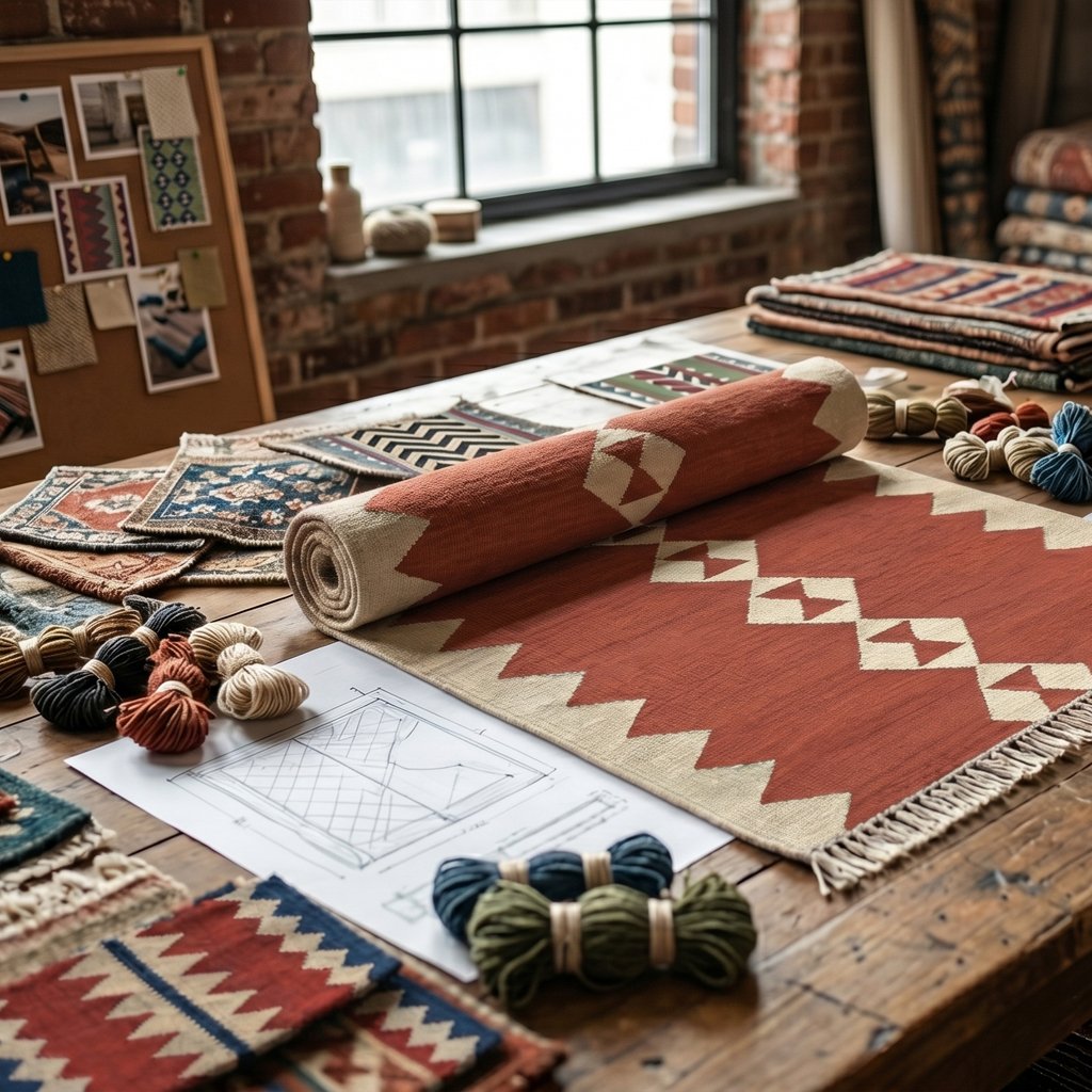 Custom handmade rug design process featuring personalized colors, patterns, and artisan craftsmanship.