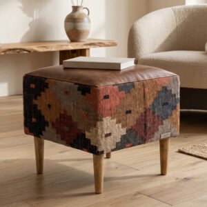 Kilim Ottoman Pouf Handmade – Upholstered Footstool, Extra Seating, Bohemian Home Accent