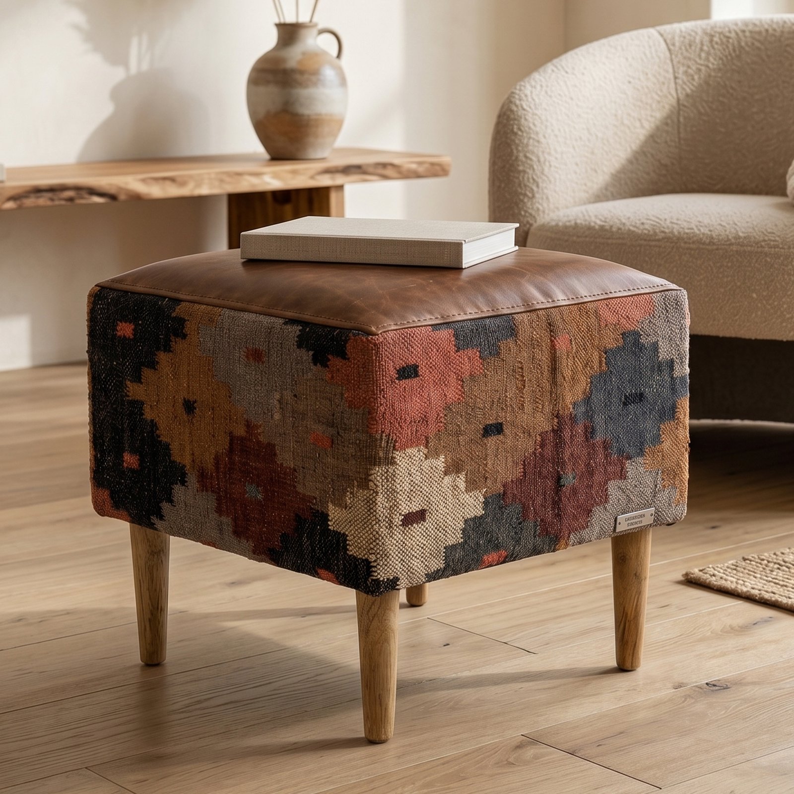 Handmade Kilim Pufs - www.zorwaa (1) Kilim Ottoman Pouf Handmade – Upholstered Footstool, Extra Seating, Bohemian Home Accent - Image 1