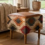 Handwoven Kilim & Leather Ottoman / Pouf