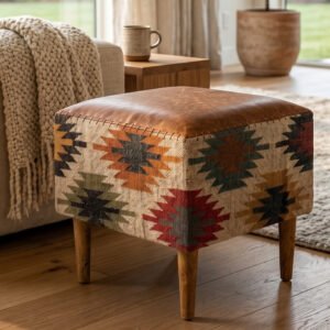 Handwoven Kilim & Leather Ottoman / Pouf
