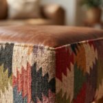 Handcrafted Kilim Pouf Ottoman – Leather Accent Stool, Floor Seating, Boho Home Decor - Image 2