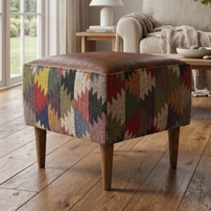 Handcrafted Kilim Pouf Ottoman – Leather Accent Stool, Floor Seating, Boho Home Decor