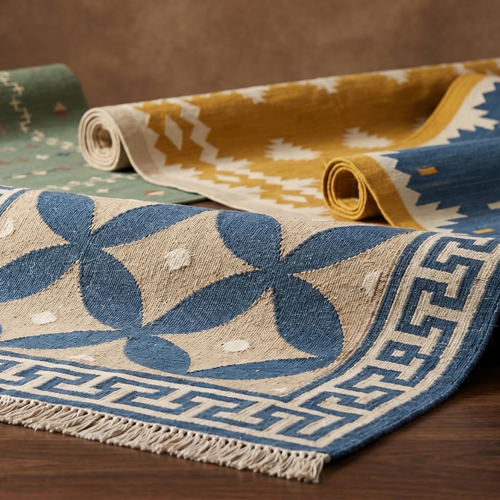 Handcrafted rug displayed in a luxury living room showcasing artisan craftsmanship and premium weaving quality.