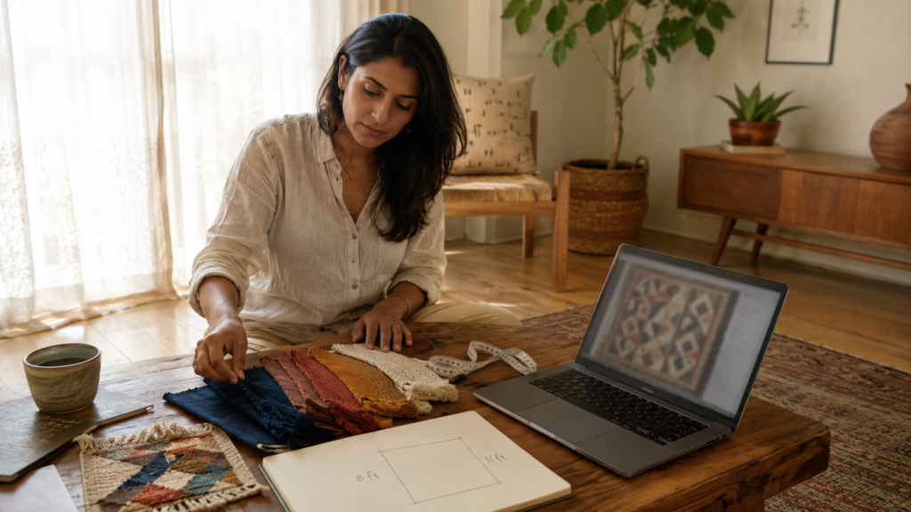Person selecting custom rug colour and size from fabric swatches and a paint palette while planning a made to order handmade dhurrie rug