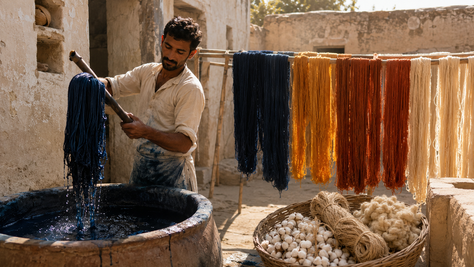 Artisan weaver in Rajasthan handling hand-dyed natural cotton yarn in deep indigo colour prepared for weaving on a traditional pit loom