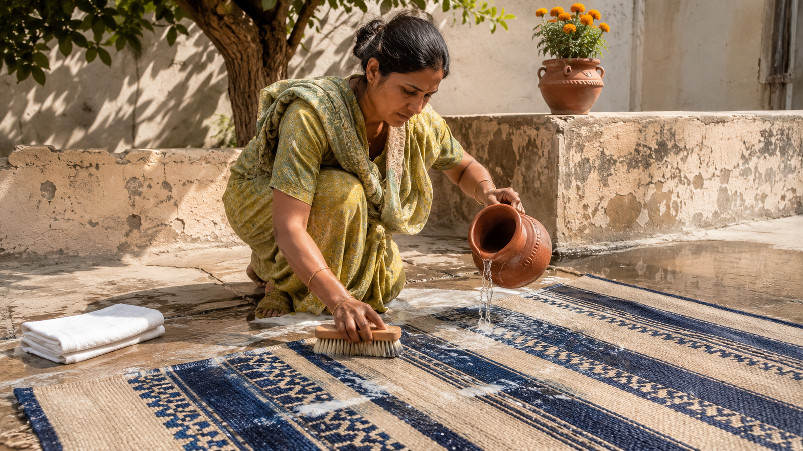 Person hand washing a small handmade cotton dhurrie flatweave rug outdoors in natural light using cold water and a soft brush on a clean stone surface