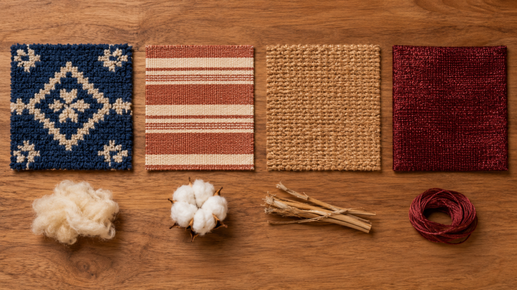 Flat lay close-up comparison of four natural fibre rug swatches - wool, cotton, jute and silk showing texture and colour differences on a raw wooden surface
