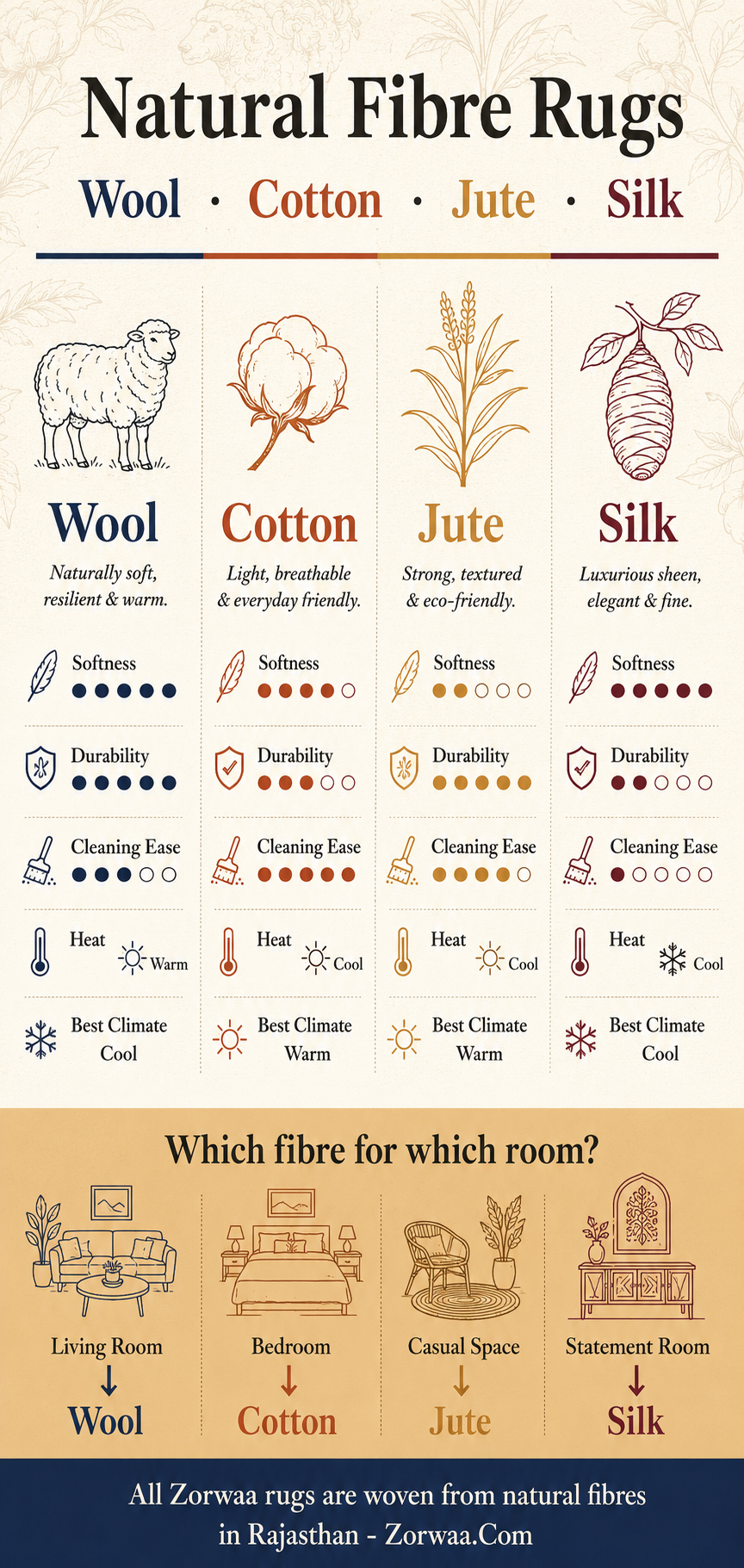 Infographic comparing natural fibre rugs — wool cotton jute and silk — across durability softness cleaning ease climate suitability lifespan and price