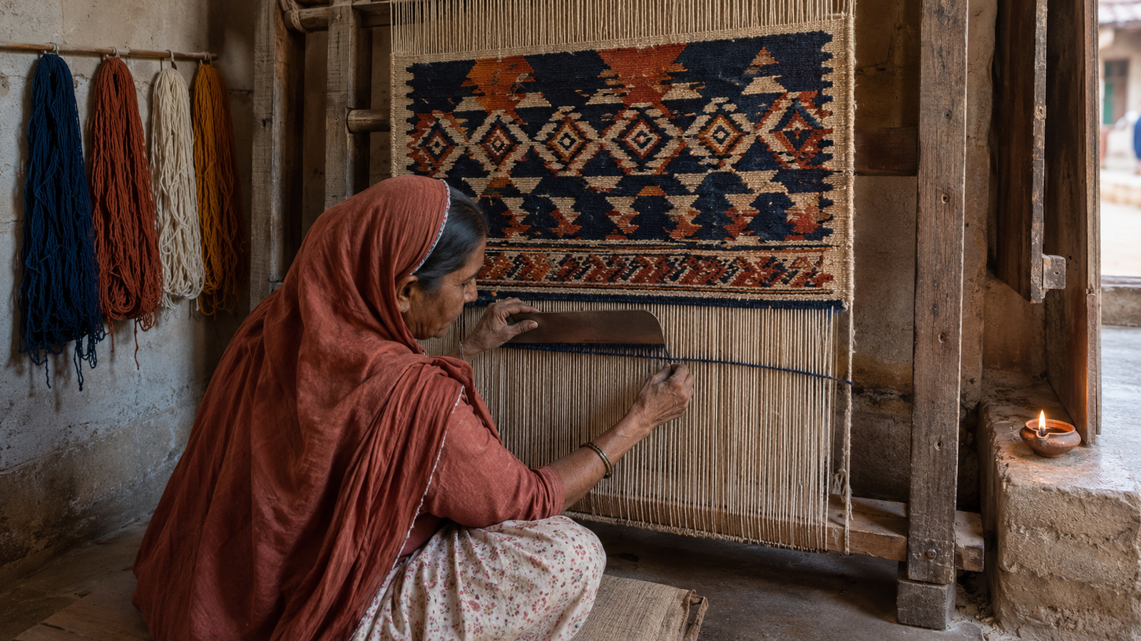 Artisan weaver in Salawas village Jodhpur building a geometric diamond pattern row by row on a traditional pit loom using hand-dyed cotton yarn
