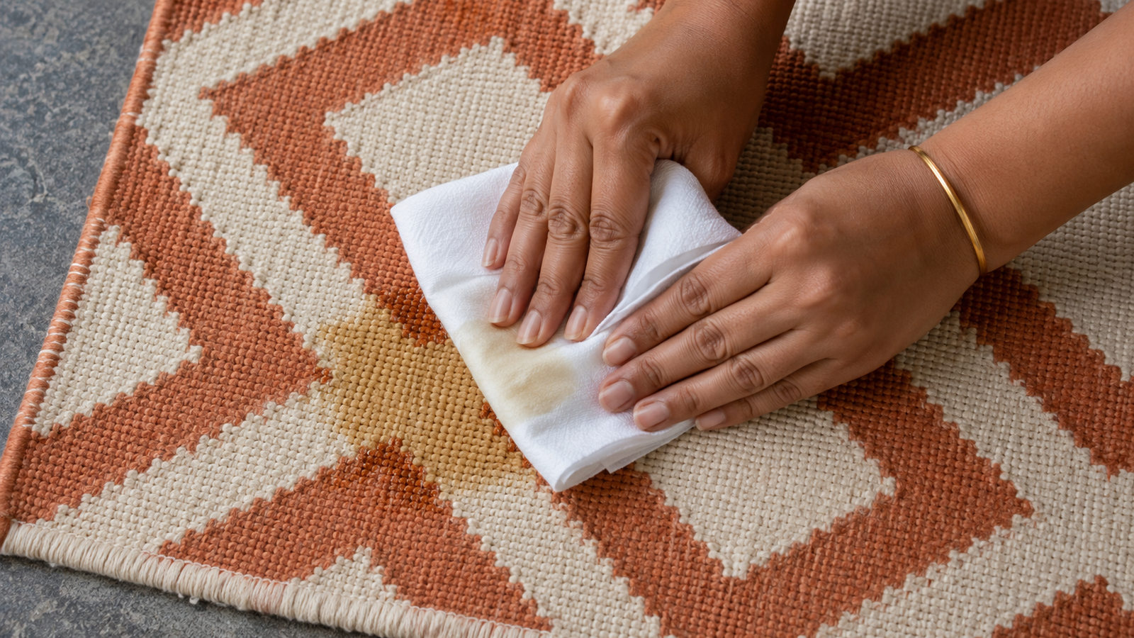 Close up of hands blotting a liquid spill from a handmade Indian flatweave dhurrie rug using a clean white cloth showing correct spot cleaning technique