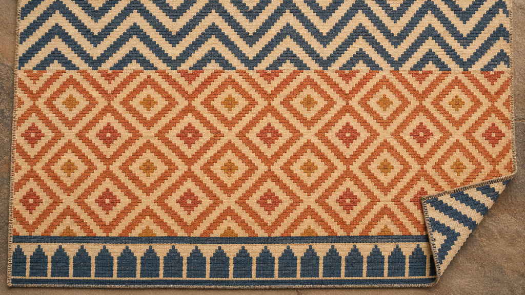 Overhead flat lay of traditional Rajasthani flatweave dhurrie rug showing diamond lattice and chevron geometric patterns in natural indigo terracotta and cream dyes